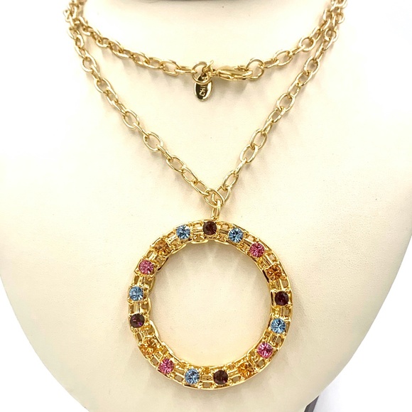 CAT DEELEY MODERN VINTAGE NECKLACE GOLD TONE RHINESTONE CIRCLE PENDANT - Picture 2 of 9
